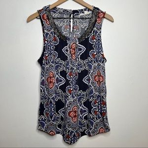 Magnolia Grace Beaded Collar Sleeveless Tank Top Blouse Abstract Blue Purple Red